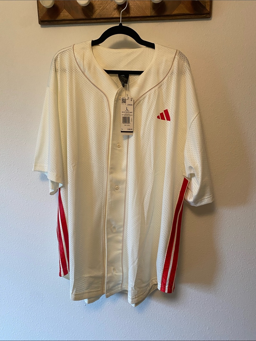 Adidas Men's White Baseball-Style Shirt with Red Stripe Accents